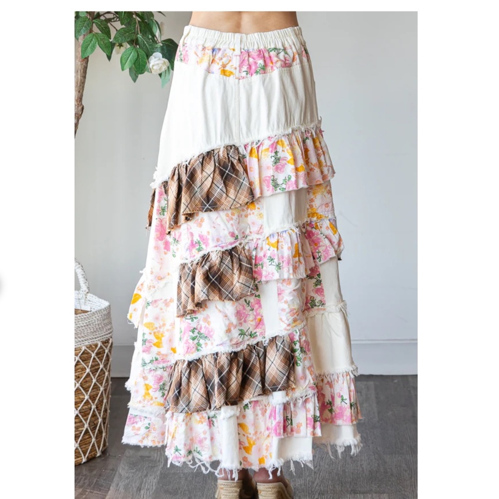 Oli & Hali Cream Patchwork Maxi Skirt with Floral & Plaid Ruffles - Picture 4 of 7